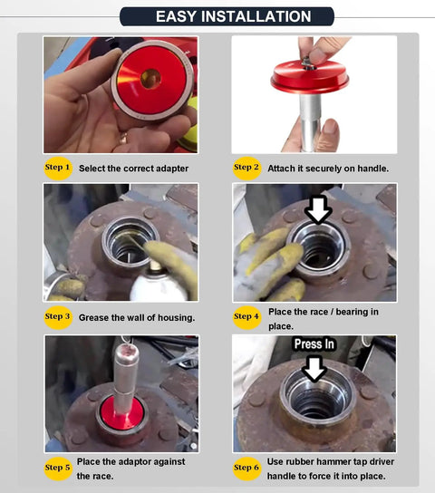 Installation guide using the Heavy Duty Bearing Race And Seal Driver Kit 43 Piece Set With 39 Adapters And 4 Seal Drivers.
