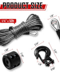 Synthetic Winch Rope Kit One Quarter Inch By Fifty Foot 9500 Lb Load Winch Line with sleeve, stopper, and hook dimensions shown.