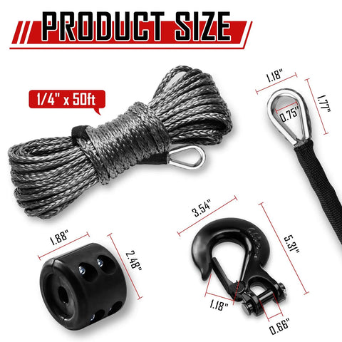 Synthetic Winch Rope Kit One Quarter Inch By Fifty Foot 9500 Lb Load Winch Line with sleeve, stopper, and hook dimensions shown.