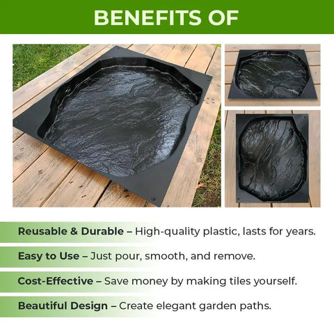 Flagstone Stepping Stone Concrete Mold For Garden Pathway Patio And Walkway Heavy Duty Reusable Plastic Pavement Mold For Outdoor Decor Do It Yourself Friendly Yard Upgrade shown on wooden surface