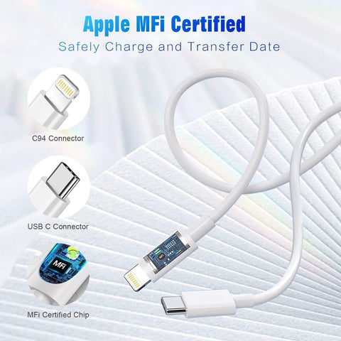 Front view of white USB-C to Lightning charging cable, 3 ft, 2-pack, Apple MFi certified