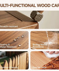Multi-functional wood care image showing scratch-resistant surface, water drops, boiling water resistance, and outdoor-friendly finish for protection.