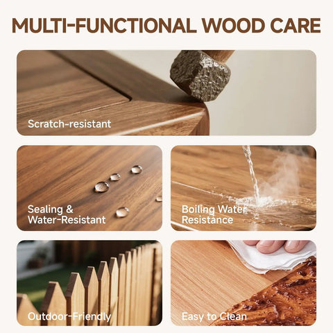 Multi-functional wood care image showing scratch-resistant surface, water drops, boiling water resistance, and outdoor-friendly finish for protection.