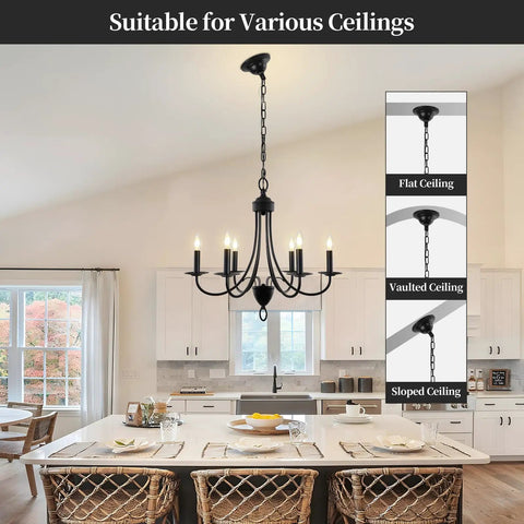 Black 6 Light Farmhouse Chandelier for Dining Room 22.4 Inch with E12 Base over table, suitable for various ceiling types.