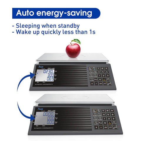 Digital Price Computing Scale 60Lb 0.02Lb NTEP Certified For Trade With Dual LCD Displays showcasing energy-saving feature