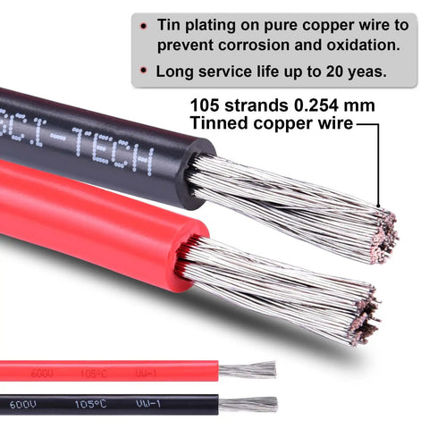 Close-up of 10 AWG red and black tinned copper wire for auto marine trailer LED lighting, showcasing strand details.