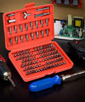 Super Cool 100 Piece Screwdriver Bit Kit With Cr-V Steel, Phillips Slotted Hex Torx Star Tamperproof And More For Drills And Impact Drivers To Crush Any Home Project Or Repair Job Out There Today. 100-piece Cr-V steel bit set in red case