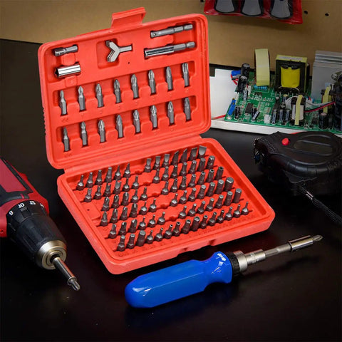 Super Cool 100 Piece Screwdriver Bit Kit With Cr-V Steel, Phillips Slotted Hex Torx Star Tamperproof And More For Drills And Impact Drivers To Crush Any Home Project Or Repair Job Out There Today. 100-piece Cr-V steel bit set in red case