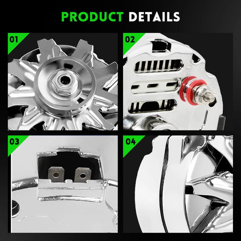 Close-up details of Chrome One Wire Beefed Up 105 Amp Self Exciting High Output 10SI Style for GM Chevy classic cars.