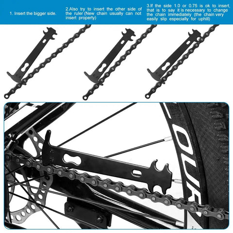 Pro Level Bicycle Chain Repair Kit with chain wear indicator on a bike, demonstrating tool usage for 6 to 12 speed chains.