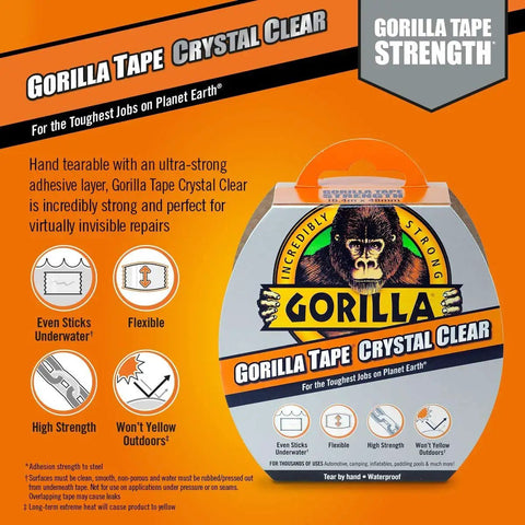 Packaging of Crystal Clear Heavy Duty Duct Tape 1.88 Inch By 9 Yard Weatherproof All Purpose Tape That Sticks To Almost Anything Airtight Seal Hand Tearable Clear Patch And Repair Tape Pack Of Two For Quick Fixes.