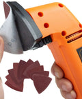 Triangular Sandpaper Set for Oscillating Multi Tool, 120 Piece Triangle Sanding Sheets with Hook and Loop Backing shown in use