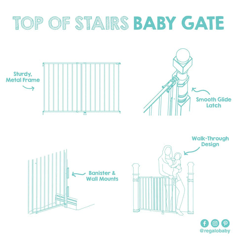 Illustration of Extra Wide 29 To 43 Inch Walk Through Baby Gate For Stairs With Hardware Mount Banister And Wall Mount Kit Built For Busy Homes Safe Gate For Toddlers And Pets Ridiculously Easy Install Durable And Trusted By Families For Over 30 Years with metal frame, smooth glide latch, and walk-through design.