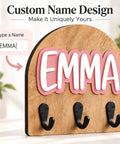 Personalized Wall Hook With Custom Name, Sweet Three Hook Wall Mounted Organizer For Backpacks And Coats in pink design.