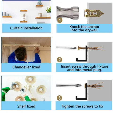 Installation steps for Self Drilling Drywall Anchors And Screws Kit With Zinc Plated Steel for curtain, chandelier, and shelf