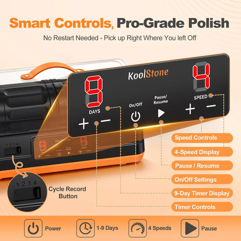 C1 Pro Ultra Brushless Rock Tumbler Kit With Dual Barrel, 7Lb Capacity, control panel with digital display and speed controls