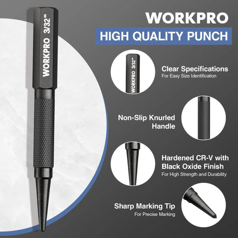 Cr-V Hardened Nail Punch And Center Punch Set With Knurled Grip Built To Last And Ready To Roll for precise marking and driving