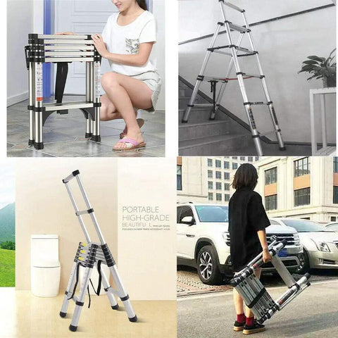 Heavy Duty 5 And 6 Step A Frame Telescoping Ladder, 5.34 Ft Reach, Foldable And Lightweight, 330 Lb Capacity, Wide 74 Mm Pedals With Rubber Feet, Easy To Store, Home Shop Pro Grade, aluminum A-frame ladder on stairs