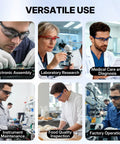 Real Deal ANSI Z87 Certified Safety Glasses Featuring Impact Resistant Anti Fog And Scratch Resistant Polycarbonate Lenses used in electronic assembly, lab research, and food inspection.