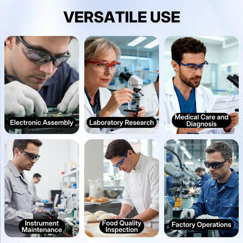 Real Deal ANSI Z87 Certified Safety Glasses Featuring Impact Resistant Anti Fog And Scratch Resistant Polycarbonate Lenses used in electronic assembly, lab research, and food inspection.