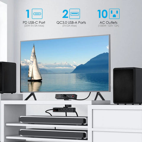 Under Desk Clamp Power Strip With 10 Outlets And 3 USB Ports, 20W USB-C Fast Charge, 6 Ft Cord on TV stand, ETL Listed