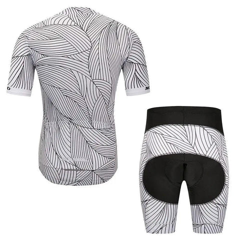 Cycling jersey and shorts set with black and white leaf pattern, back view and shorts front view.
