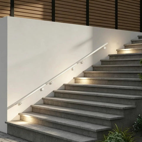 Hella Sturdy Stainless Steel Flush Handrail Wall Mounted For Indoor Stairs, sleek silver finish on lighted staircase.
