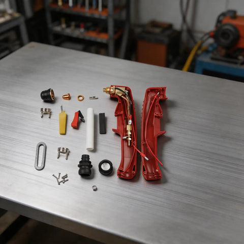 Plasma Torch Heads And Handles Kit For Easy Weld 20P 251 Plasma Cutters With IPT-20C Replacement Torch Assembly laid out on table