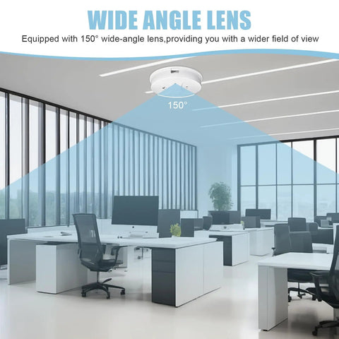 Visible Ceiling Mount Indoor WiFi Camera 1080P HD for Baby Pet Elderly Monitoring shown in office with wide-angle lens coverage