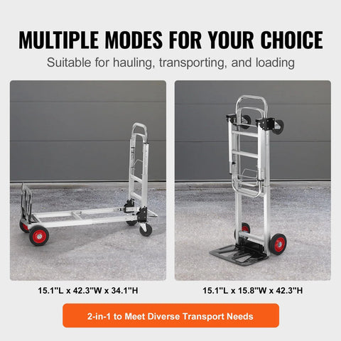 VEVOR aluminum folding hand truck with red wheels; 2-in-1 dolly/cart shown in extended and folded configurations.