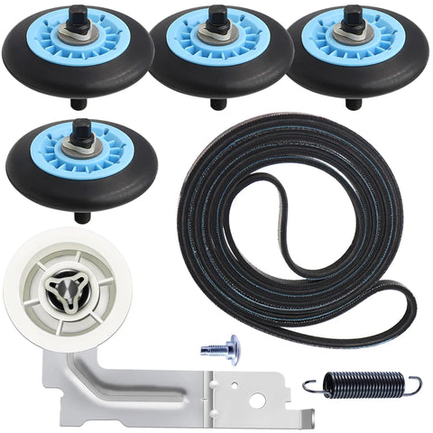 Premium Dryer Repair Kit With Roller Replacement, Idler Pulley, And 92 Inch Belt, visible components including rollers and pulley