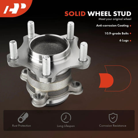 Rear Wheel Bearing And Hub Assembly For Five Lug Nissan Sentra 2020 2021 2022 2023 2024 Replacement Premium Quality Axle Hub Unit With High Load Capacity And Smooth Ride, close-up view showing 6 lugs, anti-corrosion coating, and solid wheel stud.