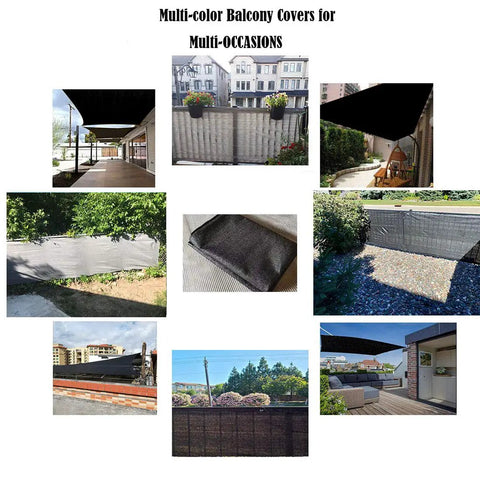 Balcony Privacy Screen Cover 3.5 Feet By 16.5 Feet Black UV Resistant Fence Screen in various settings and angles.