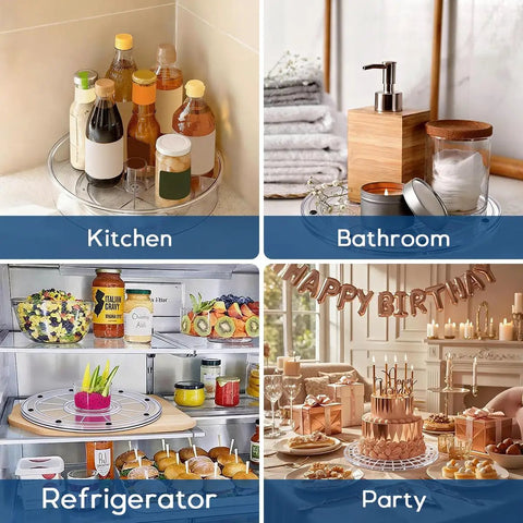 Small 4 Inch Acrylic Lazy Susan Rotation Organizer For Kitchen Countertop Cabinets Spice Rack Makeup And Cake Decorating Storage Spins Smoothly With Ball Bearing in various uses: kitchen, bathroom, refrigerator, and party setting.