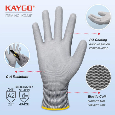 Cut Resistant Gloves PU Coated Three Pairs ANSI A2 Lightweight Safety Work Gloves For Industrial And Construction Use Medium Gray Built Tough
