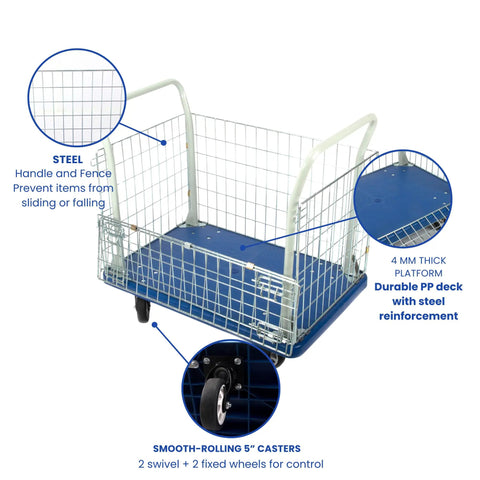 Heavy Duty Platform Truck Cart With Three Sided Steel Fence And 660 Pound Capacity Measures 23 By 35 Inches Featuring Sturdy Polypropylene Deck Paired With Five Inch Wheels That Roll Smooth Through Warehouses And Garages Daily