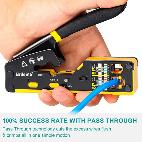 RJ45 Pass Through Crimp Tool Kit For Ethernet Cable Cat5 Cat5e Cat6 And 6A Handles RJ11 RJ12 with built-in tester in use