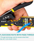 Hand holding Pass Through RJ45 Crimp Tool Kit For Ethernet Cables, demonstrating cutting and crimping feature with wire.