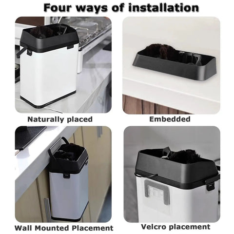 No Sweat Automatic Portafilter Cleaner And Knock Box For 58mm Espresso Filter Holders shown in four installation options.