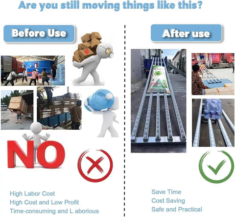 Before and after image showcasing Heavy Duty Conveyor Roller Pulley 32.8 Feet Long Supports 300 Lbs Load for easier moving.