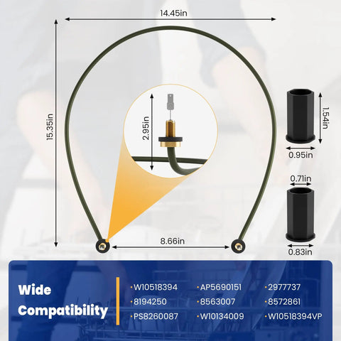 Diagram of Dishwasher Heating Element Replacement For Easy Install And Durable Performance Compatible With Kenmore Maytag Amana Dishwashers 8194250 8563007 8572861 W10134009 W10441445 W10518394VP showing dimensions and compatibility