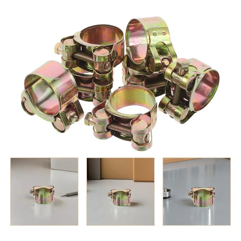 Get Heavy Duty Adjustable T-Bolt Hose Clamps For A Sweet Finish On Your Ride Or Rig With 10 Piece Kit Featuring Thickened Zinc Plated Iron And Stainless Steel Construction Built To Resist Rust And Wear Like A Champ. 10-piece zinc-plated steel T-bolt hose clamps on white background