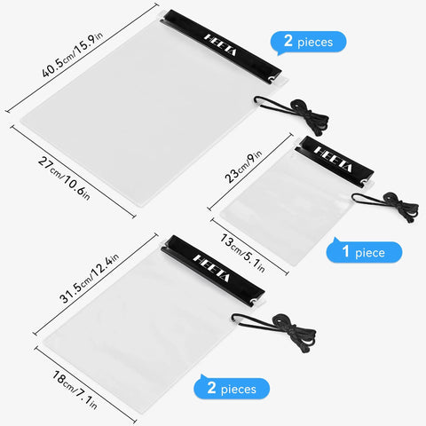 5 Pack Clear Waterproof Dry Bags For Camera, Phone, Maps And More With Lanyard, sizes labeled large, medium, and small, on white background
