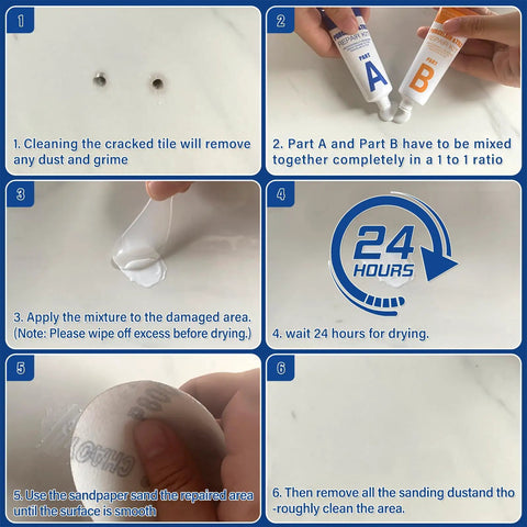 White Porcelain Repair Kit For High Gloss Sinks Tiles And Tubs Quick Chip Crack Hole Fix application steps.