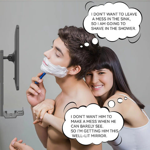 Heated Fog-Free LED Shower Mirror With 3 Dimmable Lights, 360 Degree Adjustable, showing couple using the mirror in shower