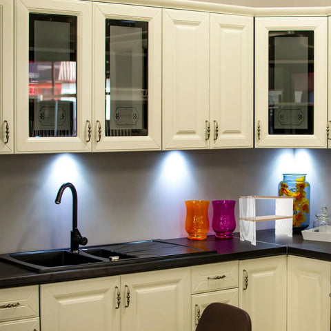 Clear The Counter Clutter With This Slick Wooden Acrylic Display Shelf in a modern kitchen setup with colorful decor.