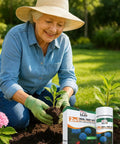 2 In 1 Soil And Nitrogen Test Strips Kit For Garden Lawn And Pots 120 Count next to woman planting in garden