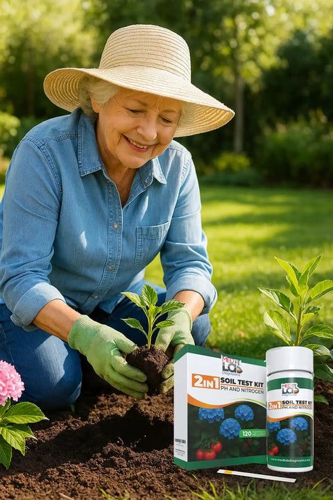 2 In 1 Soil And Nitrogen Test Strips Kit For Garden Lawn And Pots 120 Count next to woman planting in garden