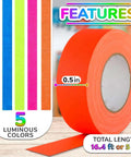 Glow In The Dark Tape Kit Sixteen Point Four Feet Per Roll Five Pack Neon Gaffer Tape in orange, 0.5 inch width roll
