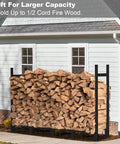 Beefy Heavy Duty Firewood Rack Eight Foot Outdoor Storage Stand For Indoor Fireplace Wood Holder against wall